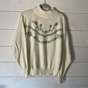 VTG 90's Grandmacore Cottagecore Knit Floral White Sweater Women's Large